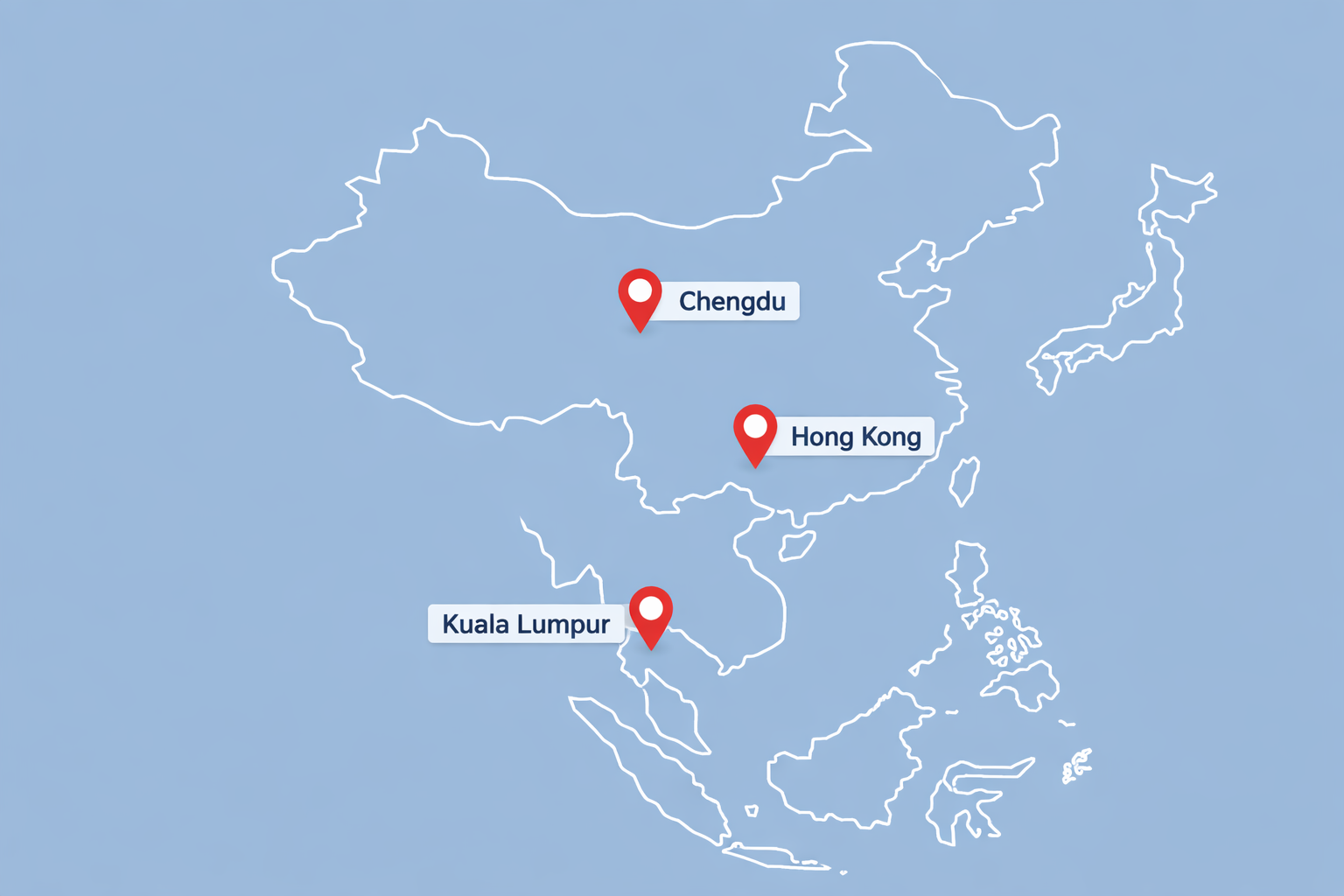 Map of Verificer office locations in Malaysia, Hong Kong and China